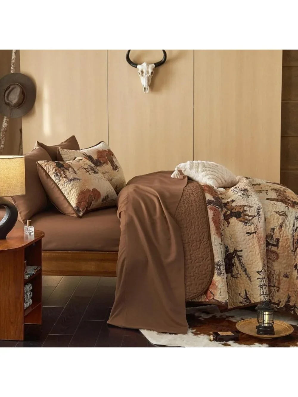 Rustic Western Quilt Set, Reversible Cowboy Print Bedspread, 3-Piece King Size